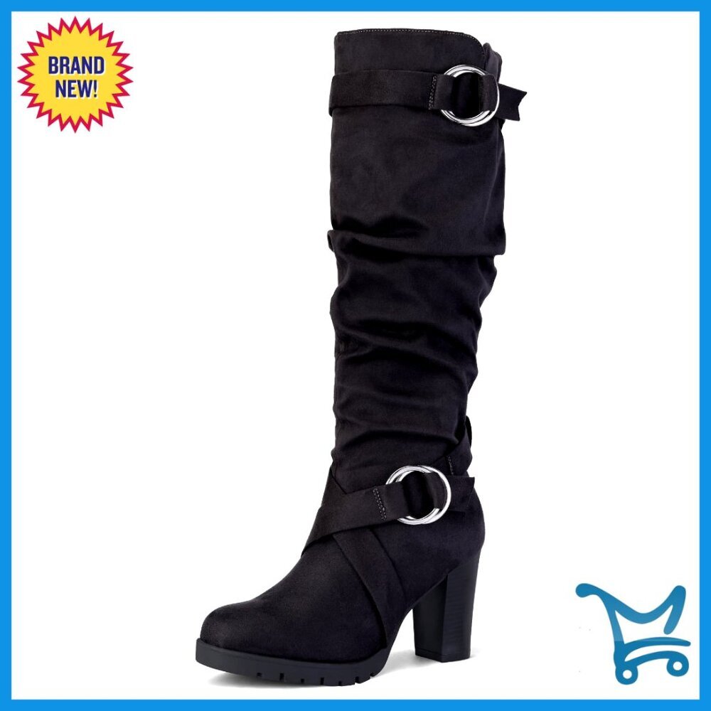 Women's Knee High Boots Chunky Block Heel Winter Boots Side Zippers